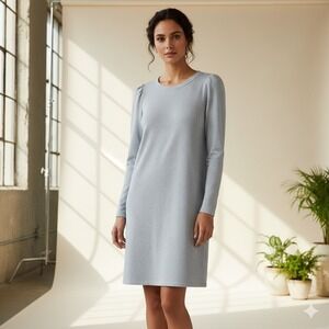 New LOFT Womens Size 8 Blue Puff Sleeve Dress Sweatshirt Shift Heathered Mini